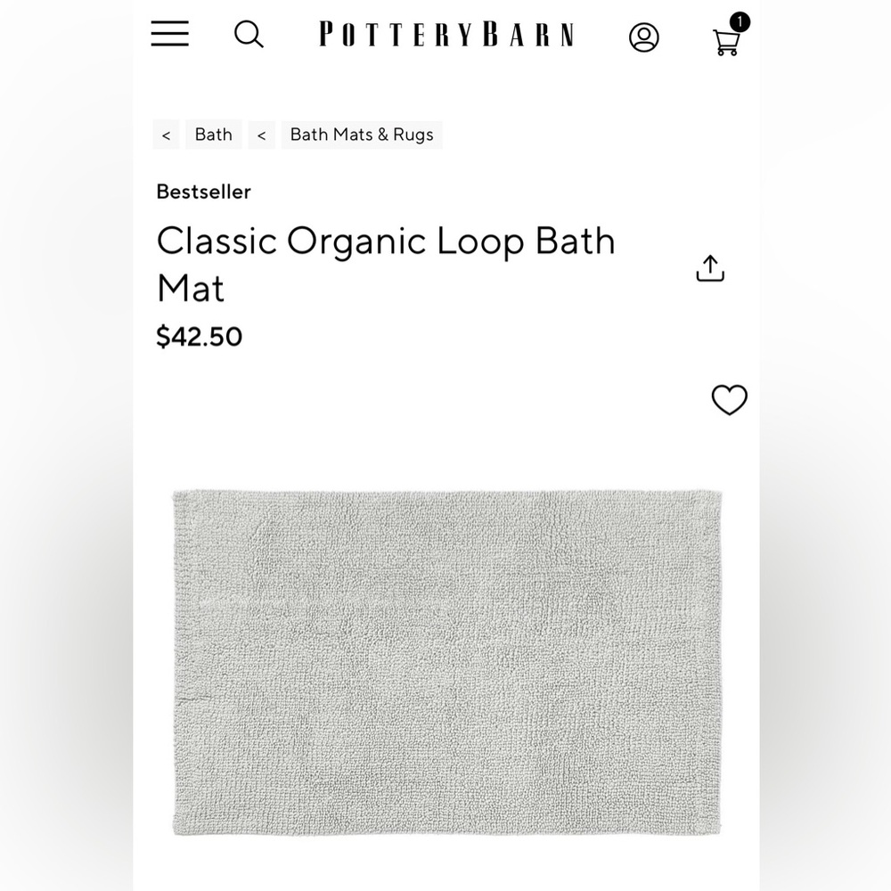 Pottery Barn Classic Organic Loop Bath Mat, Gray Mist, 21.5” x 34”, LIKE NEW